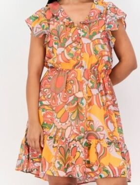 L🌸Marissa Olivia Vibrant Orange Patterned Ruffle Mini Dress